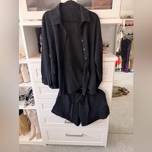Black Button-Up Shirt and Shorts Set